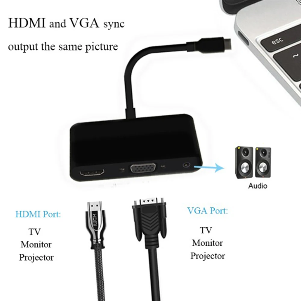 4 в 1 USB 3,1 USB C type C до 3,5 мм аудио адаптер 4K 30 Гц адаптер HDMI VGA концентратор для Macbook Tablet PC Мобильный телефон