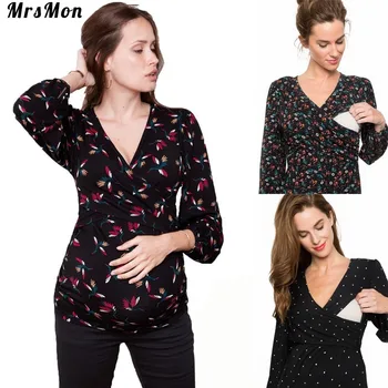 

maternity clothes with deep V-neck, long sleeve, multi-color printed cross-breast-feeding nursing T-shirts breast feeding dress
