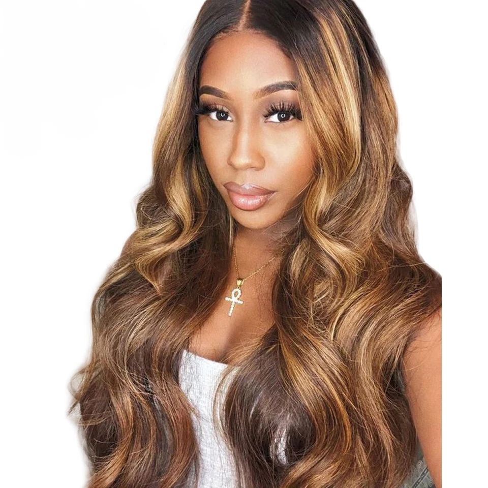 Honey Blonde Highlighted Wigs 13x4 Ombre Brown Body Wave Lace Front Human Hair Wig Silk Base Lace Frontal Malaysian Silk Top Wig