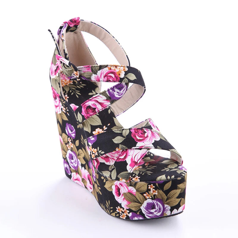 Wedge Sandals Floral 13cm High Heels Platform Summer Shoes Woman Flower Sandals Ankle Strap Ladies Shoes Women Footwear