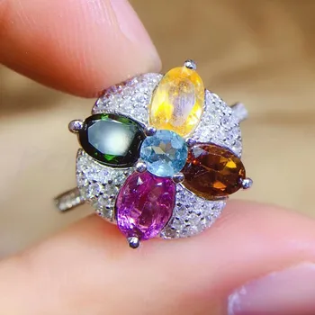 

Per jewelry Natural real tourmaline big flower ring 925 silver Free shipping 0.3ct*4pcs,0.2ct*1pc gemstone Q912129