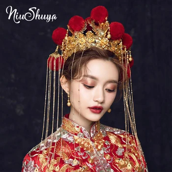 

NiuShuya Retro Chinese Style Traditional Red Pompom Gold Phoenix Coronet Headdress Hair Jewelry Wedding Hair Accessories