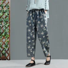 Весна Осень Джинсы женские свободные ретро джинсовые брюки с эластичной резинкой на талии с цветочным принтом повседневные женские джинсовые брюки