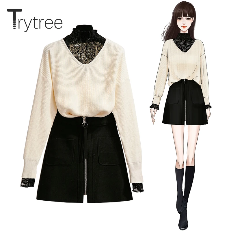 Trytree осенне-зимний комплект из двух предметов Повседневная водолазка кружевной вязаный лоскутный топ+ юбка мини-трапеция комплект молнии комплект из 2 предметов