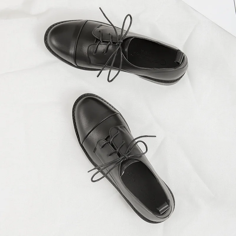 

Small Leather Shoes Women's Semi-high Heeled Lace-up 2019 Autumn New Style round Head Single Shoes Chunky-Heel Black And White w