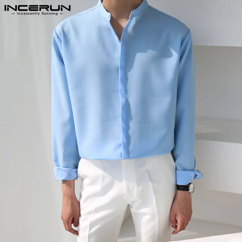 Casual Shirt Blouse Stand Long-Sleeve INCERUN Korean Mens 5XL Brand Collar-Button Streetwear