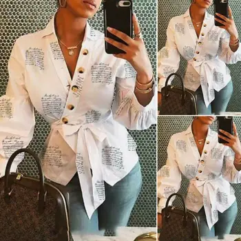 

Women's Casual Blouses Shirts V Neck Long Sleeve Classical English alphabet print Blouse Loose Tops Office Ladies Work Shirt