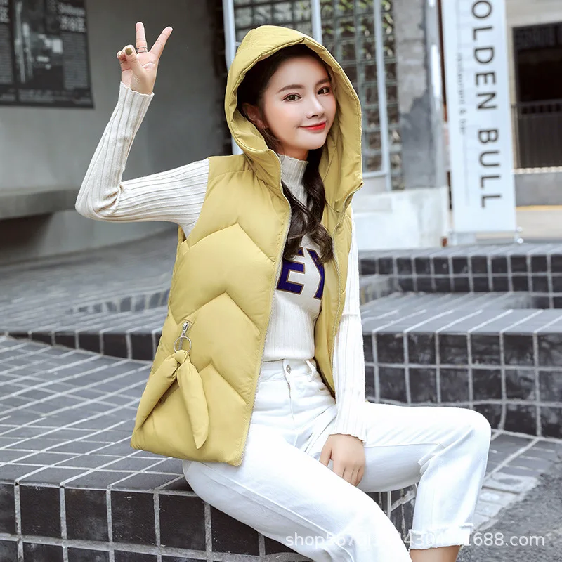 

2019 New Style down Feather Cotton-padded Clothes Vest Student Uniform Vest Women's Hooded Slim Fit Waistcoat