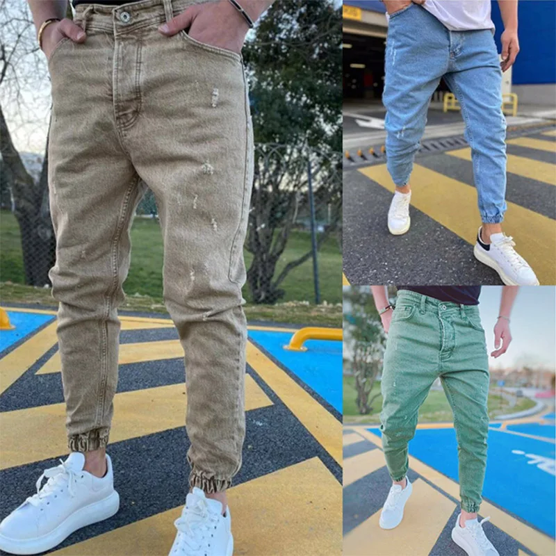 2021 Autumn Slim Fit Men's Jeans Pure Color Casual Elastic Waist jeans Beam foot Trousers Streetwear Jogger Denim Pants Male men jeans demin pants spring autumn trendy 2021 new patchwork hole ripped male sexy jean trousers slimming bottom skinny pant