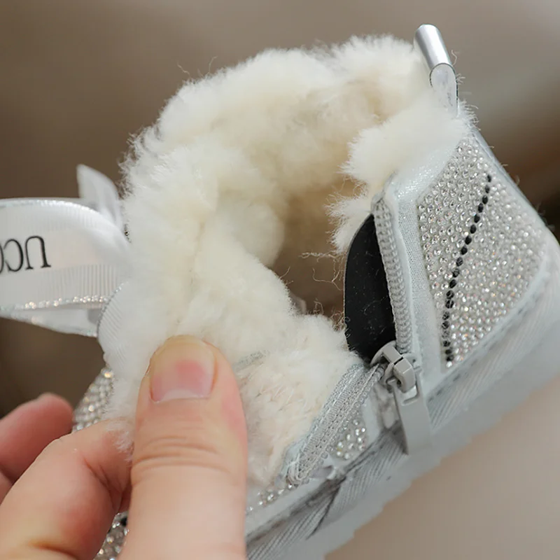 AOGT Winter Baby Girls Boots Rhinestone Princess Warm Plush Toddler Cotton Shoes Non-Slip Fashion Wool Infant Snow Boot