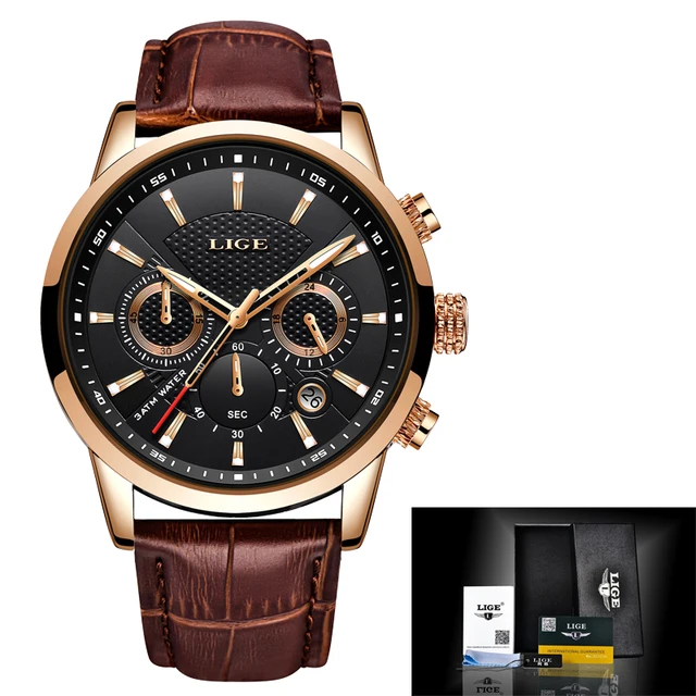 LIGE Business Mens Watches Brand Luxury Leather Waterproof Sport Quartz Chronograph Military Watch Men Clock Relogio Masculino Gold Black