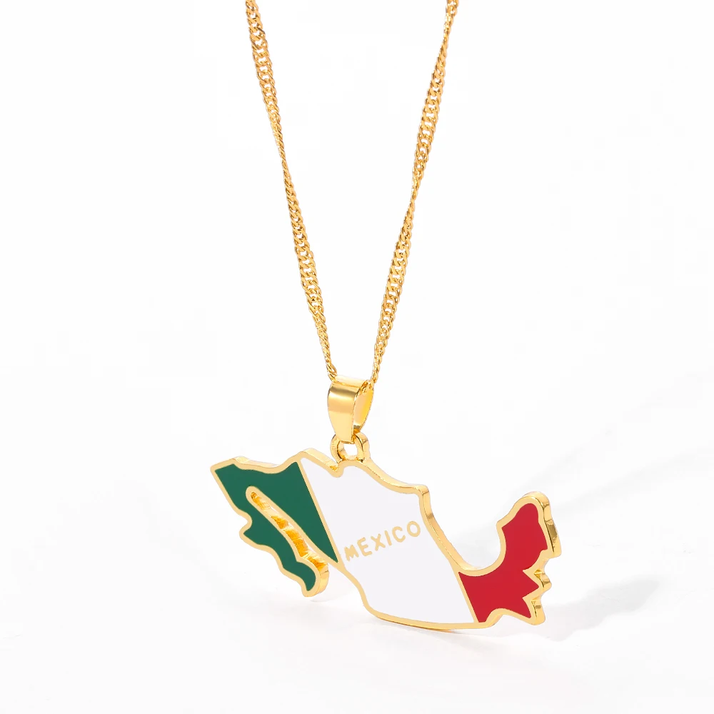 Mexico Map With Flag Pendant Chain Necklaces for Women Jewelry Gold Color North America Mexican Patriotic and Enamel Gifts | Украшения и
