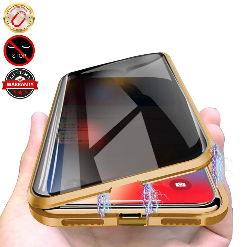 Magnetic Tempered Glass Privacy Protector Case for iPhone XS MAX XR X 11 Pro Max Anti Peep Metal Bumper Samsung Note 10 Plus |