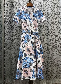 

100%Cotton Dress 2020 Summer Fashion Clothing Women V-Neck Exquisite Print Short Sleeve Mid-Calf Length White Green Dress Belt