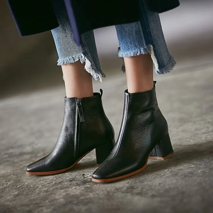

MLJUESE 2020 women ankle boots cow leather zippers black color square toe high heels winter short plush women boots party dress