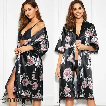 

Hirigin Sexy Nightgown Women V-neck Satin Silk Robes Ladies Floral Lace Pajama Night Dress Sleepwear Homewear Clothing S-XL