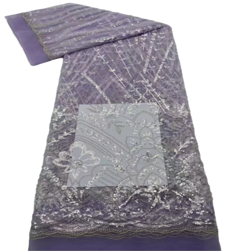 

Nigerian Lace Fabric 2021 high Quality Sequins Purple Lace Net Lace Fabric Embroidered For Wedding Dresses