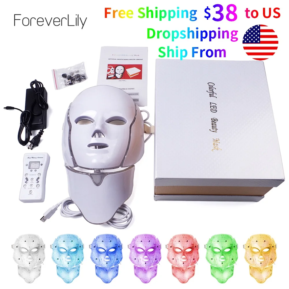 Foreverlily 7 Colors Led Facial Mask Led Korean Photon Therapy Face Mask Machine Light Therapy Acne Mask Neck Beauty Led Mask