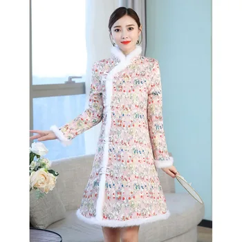 

Women Floral Printed Classic Cheongsam Elegant Evening Party Dress Traditional Chinese Vestido Autumn Winter Long Sleeve Dress