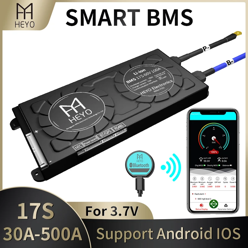 HEYO Smart BMS Li-Ion 17S 60V 30A 60A 80A 100A 120A 200A 250A 300A Bluetooth BT GPS UART RS485 зарядный аккумулятор