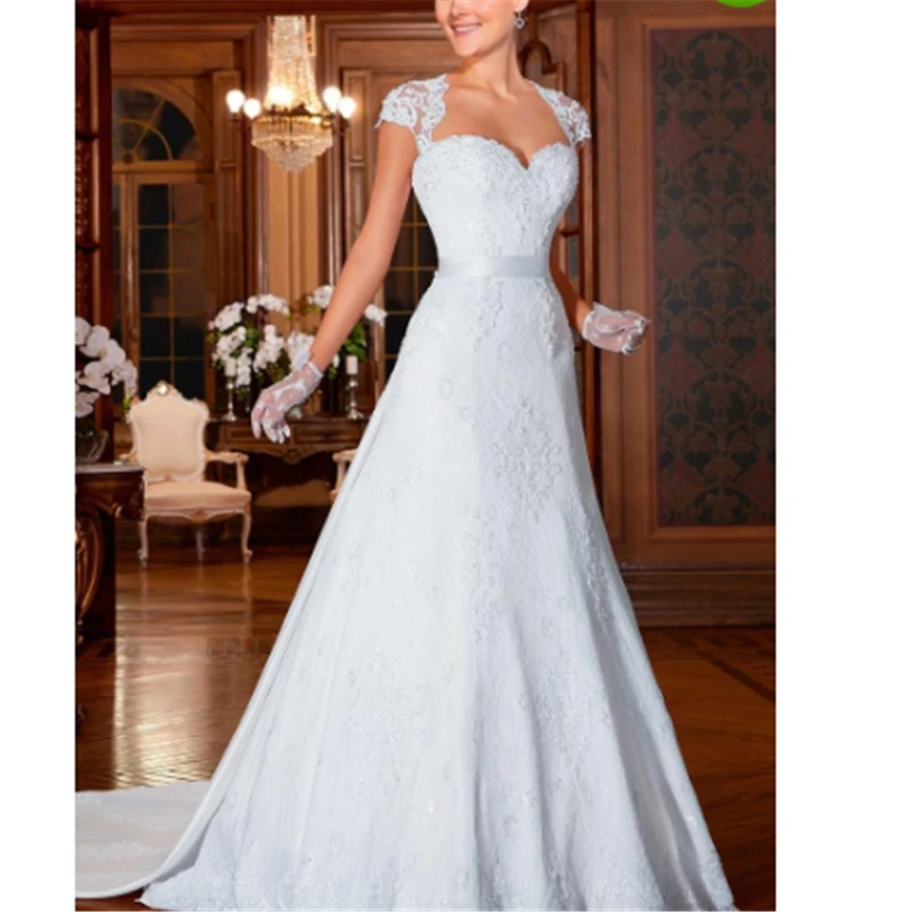 

Romantic A-line Wedding Dress With Sheer Bodice Illusion Pearls Beading Appliques With Bow Dropped Cap Sleeves Vestido De Noiva
