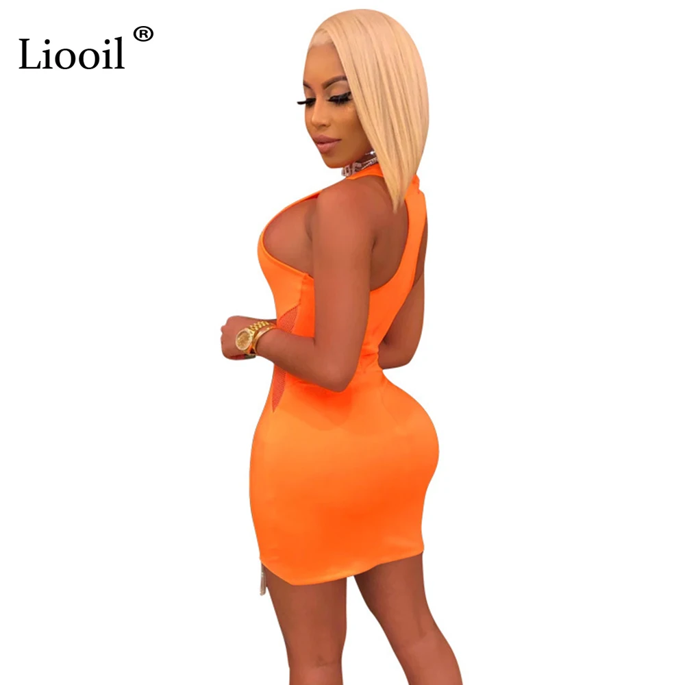 Liooil Mesh Tassel сексуальное облегающее мини-платье на бретелях Женская одежда для спортзала без рукавов неоновые оранжевые желтые вечерние облегающие платья