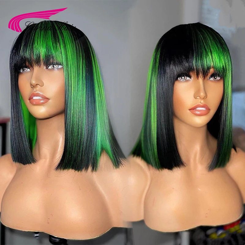 green-colored-brazilian-straight-bob-wig-with-bangs-remy-human-hair-wigs-for-women-glueless-machine-made-wigs-for-women