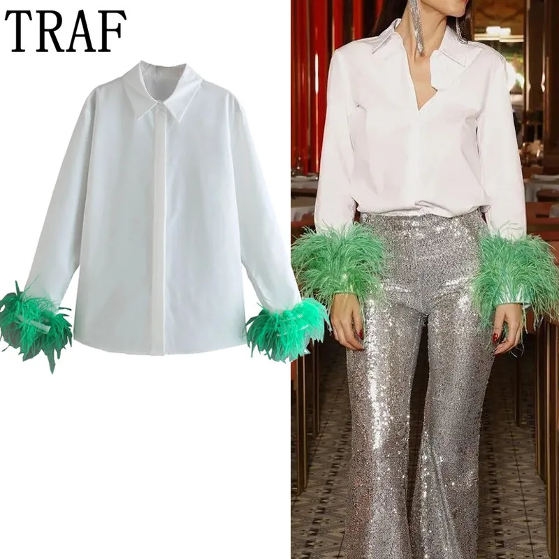 

TRAF White Shirt Woman Long Sleeve Green Feather Top Party Elegant Female Blouses Fashion Collared Button Up Women Shirt