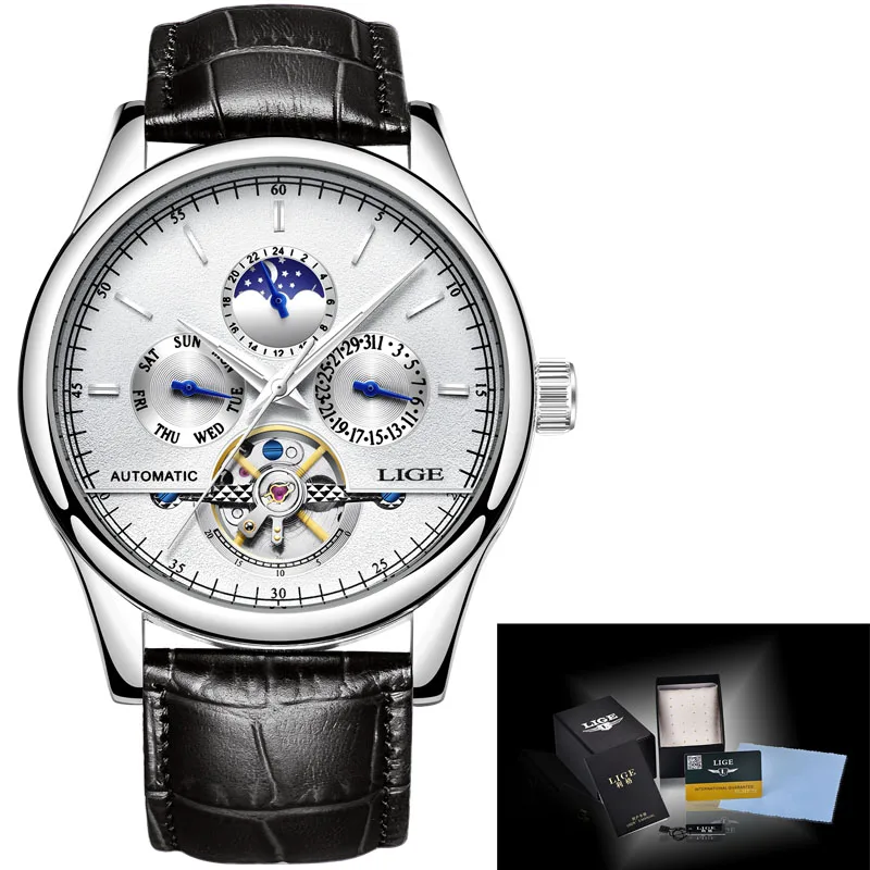 LIGE Брендовые мужские часы автоматические механические часы Tourbillon спортивные часы кожаные повседневные деловые часы в ретро-стиле Relojes Hombre - Color: Silver white L