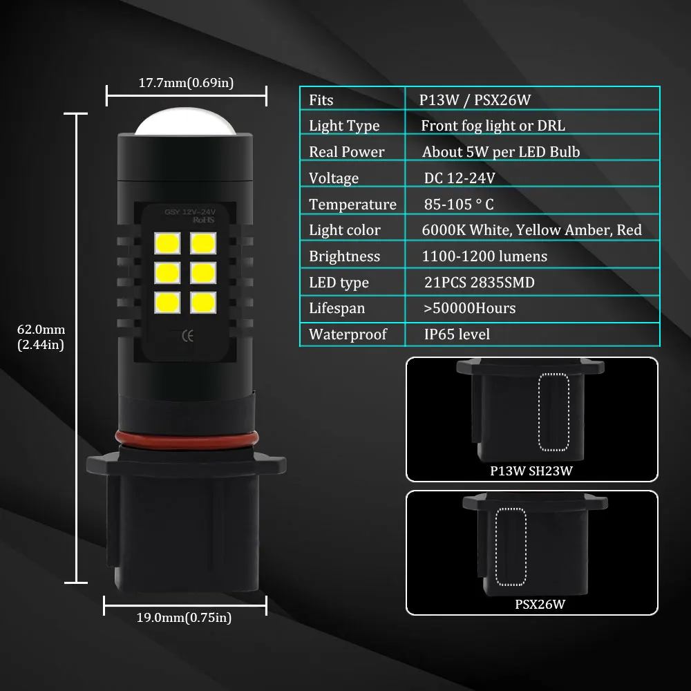 KAMMURI P13W светодиодный SH24W PSX26W светодиодный противотуманный фонарь 2835SMD для вождения автомобиля, ходовая лампа, автоматические светодиоды, 12 В, светодиодный фонарь, белый Янтарный красный