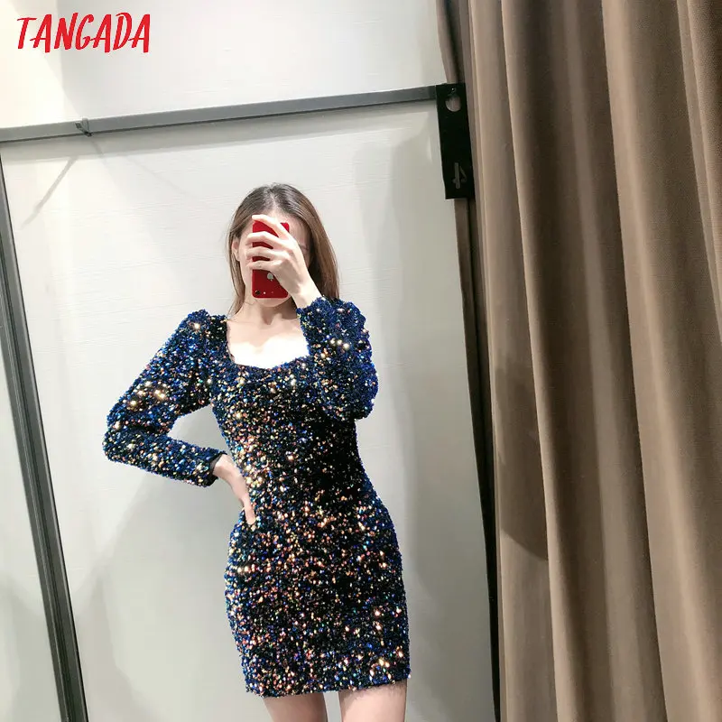 Tangada, женское сексуальное тонкое мини-платье с блестками, блестящее, длинный рукав,, женское Новогоднее платье для вечеринки, vestidos 3H173