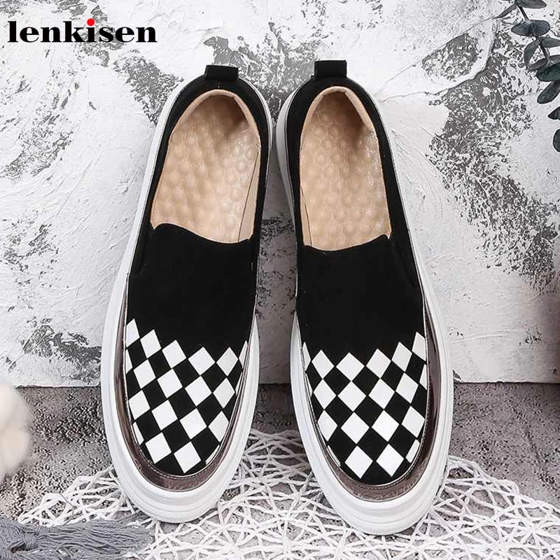 

Lenkisen new soft sheep suede slip on mixed colors gingham round toe high heels thick bottom women fashion vulcanized shoes L98
