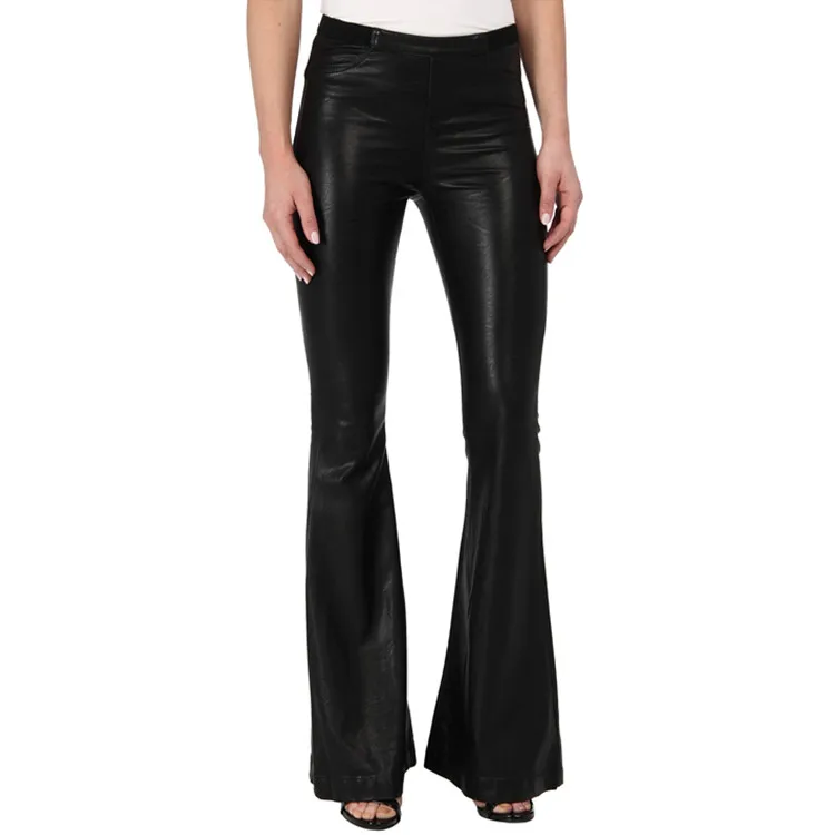 Женские брюки-клёш из искусственной кожи, тонкие стильные штаны в стиле панк, эластичные длинные брюки E69