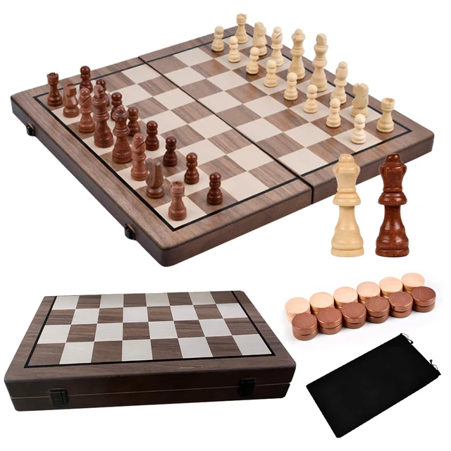 New Wooden Chess 2-in-1 Checkers Round Corner Fold Board Magnetic