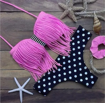 

Europe And America Big Brand Bikini Split Bathing Suit Tassels Printed Swimwear Small Bust Gathering Swimwear Brazil Bikini