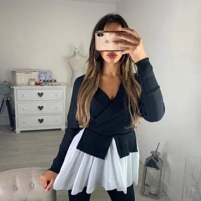 Beste Vrouwen Herfst Lange Mouw V hals Cross Off de Schouder Tops Tee Shirts Onregelmatige Patchwork Tee Shirt Femme Camisas