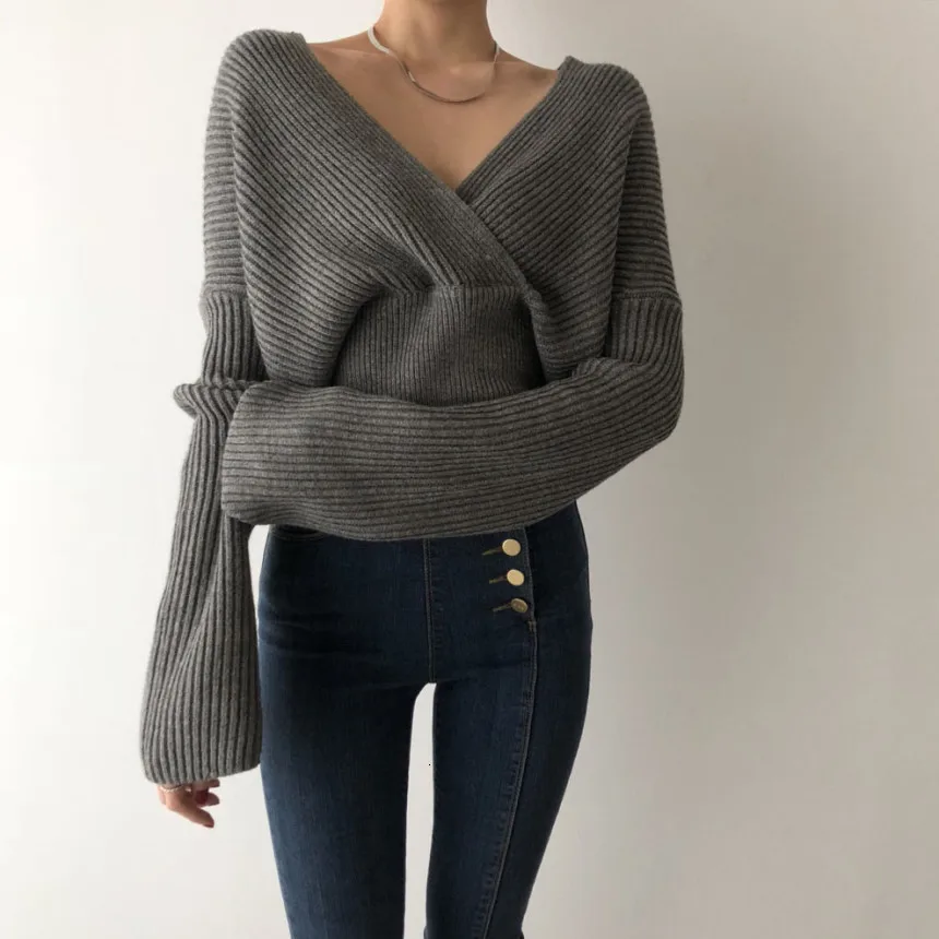 SuperAen Korean Style Women Pullovers Sweaters Autumn and Winter New Ladies Sweaters V Neck Solid Color Casual Tops Female