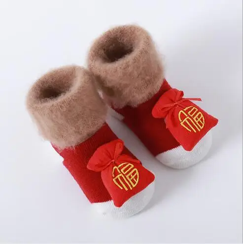 Новые зимние плотные носки для малышей; милые мягкие Нескользящие пластиковые носки для новорожденных - Цвет: as photo