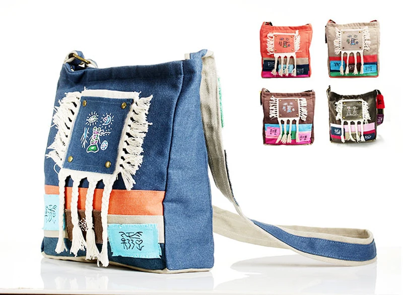 

Fringed Women Retro Canvas Handbag Crossbody Messenger National Dongba Character Handmade Shoulder Ethnic Girl Casual Hand Bag