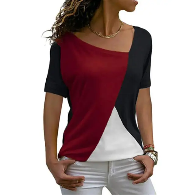 Женская длинная футболка с коротким рукавом и дизайнерским асимметричным вырезом 6