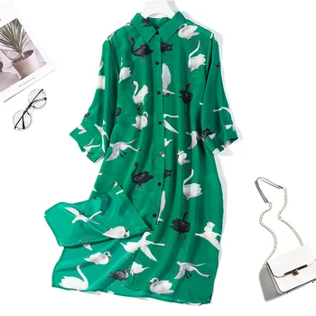 

Women's 100% Pure Silk green collared Button down Long Shirt Dress Kimono Cardigan Shawl Coat Blouse Summer Beach Cover Up JN376