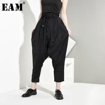 

[EAM] High Waist Black Pleated Leisure Bandage Harem Trousers New Loose Fit Pants Women Fashion Tide Spring Autumn 2020 JG9150