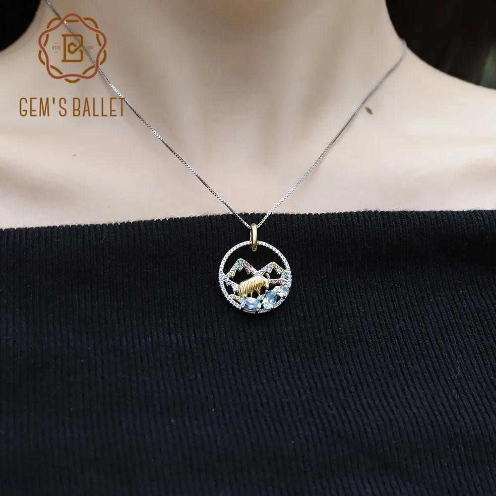 GEM'S балет натуральный голубой топаз Золотой Як кулон для женщин 925 пробы