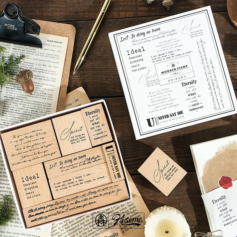 Wooden Seal Set English Phrase Rubber Text Retro Hand-painted Decorative Print Scrapbooking Standard Stamp