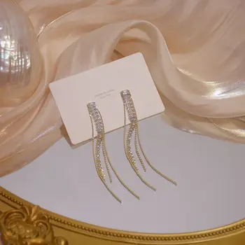 

2020 Korean hot sale fashion jewelry high-grade crystal tassel dangle chain long thin face elegant female earrings