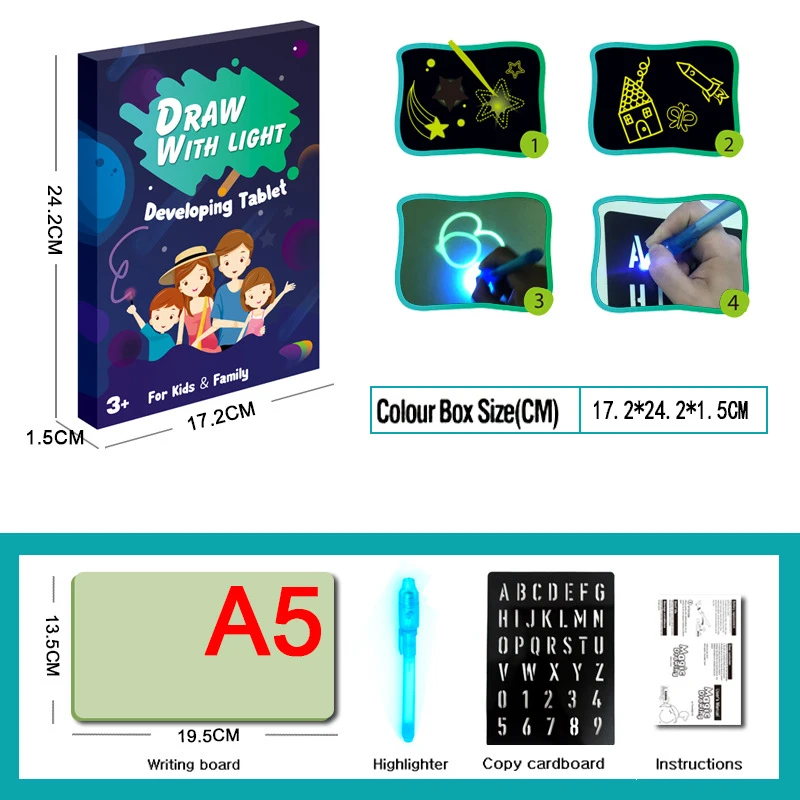 Жидкокристаллическая доска для рисования с флуоресцентной светящейся краской, светильник, Веселая детская доска для рисования A3, A4, A5, развивающая игрушка с ручкой - Цвет: English A5