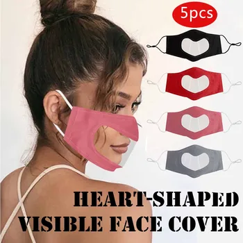 

5PCS Heart-Shaped Mask With Clear Window Visible Expression For Deaf Mute People Mouth Caps Covers Washable mondmaskers
