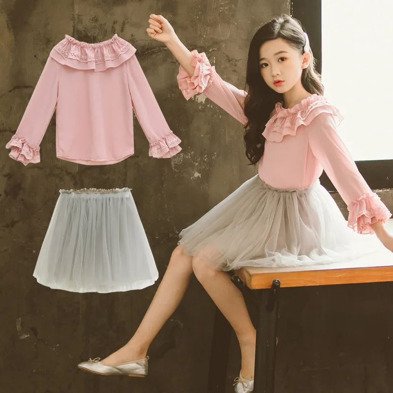 

Mayfair Cabin Girls 2019 Spring Autumn Chiffon Shirt Sets Female Baby Tide Kids Suit Large Children Mesh Princess Dress 2PCS