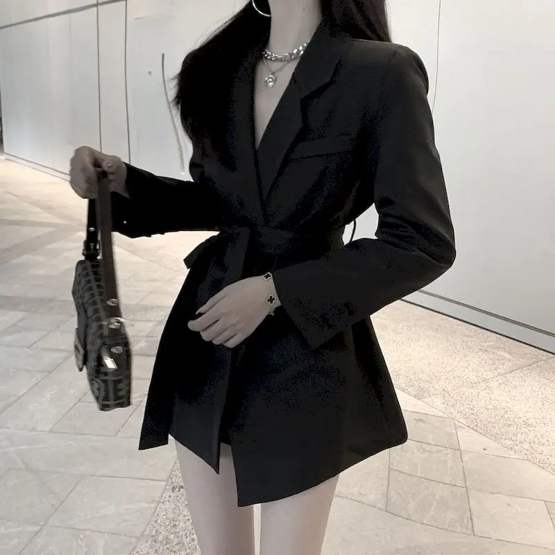 Women's Spring Jackets 2023 Elegant White Black Office Wear with Belt Suit Blazer Coat Long Sleeve Ladies Blazer Dress for Women