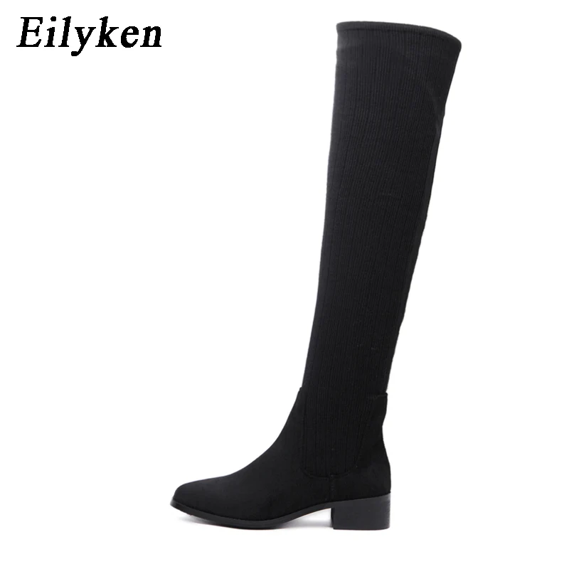 Eilyken/женские Сапоги выше колена из эластичной ткани; обувь на низком каблуке; женские пикантные мотоботы с квадратным носком; женские сапоги-носки